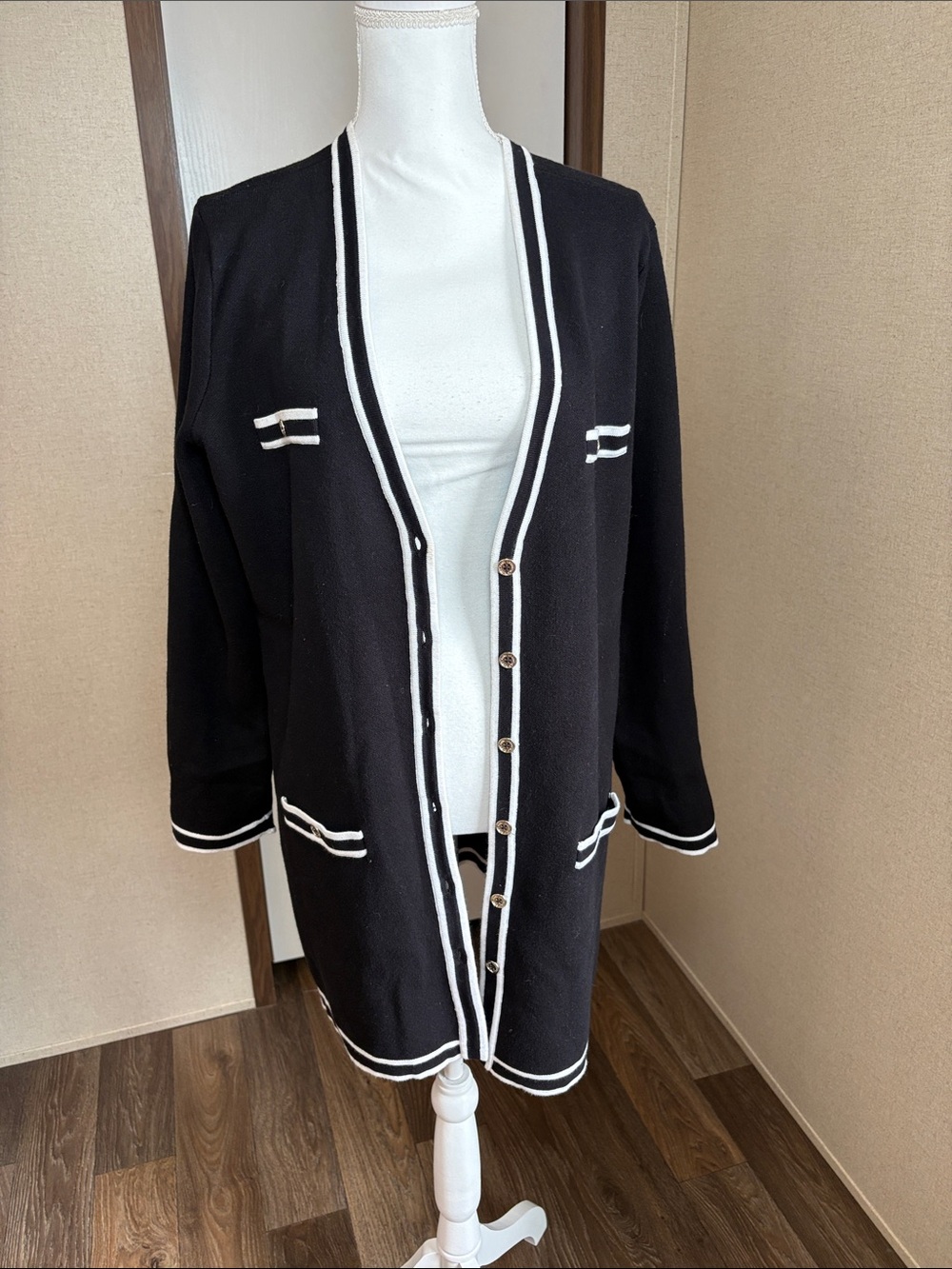Karl Lagerfeld Paris Women Black White Longline Cardigan Sweater L Preppy Office